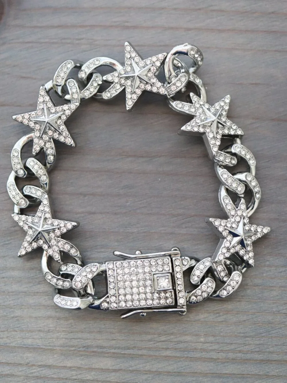 Stars & Cuban Ice Round Curb Diamond Chain Bracelet with Rhinestones Silver Plat